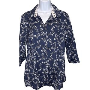 Chico's Womens No Iron Stain Shield Navy Vine Print Blouse Size 3P/XLP Coastal